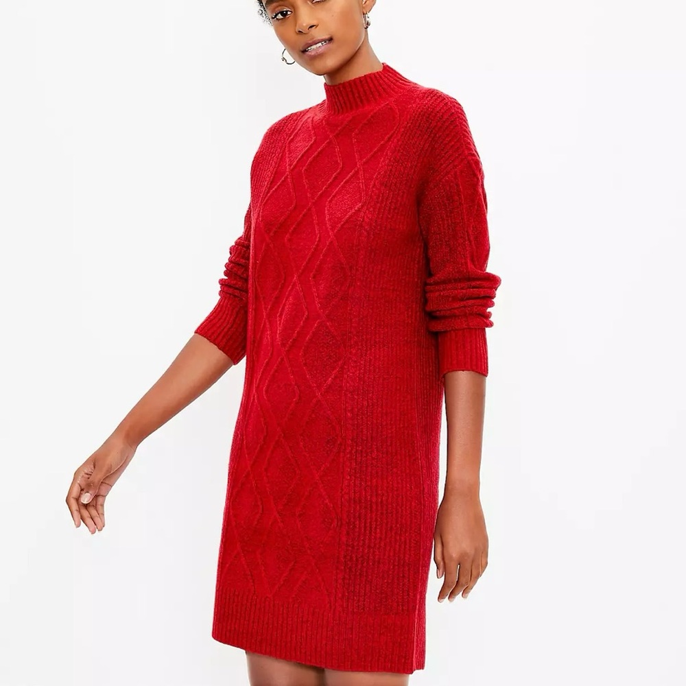 LOFT Wool Blend Cable Knit Mock Neck Turtleneck Sweater Dress S Red Long Sleeve